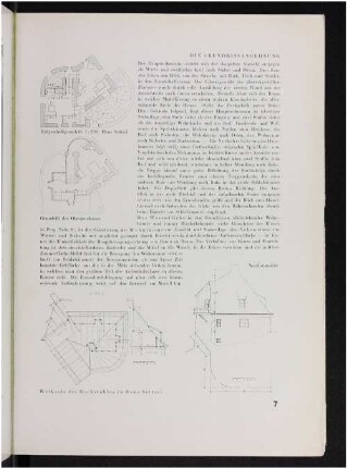Erdgeschoßgrundriß 1:200, Haus Settari. Grundriß des Obergeschosses. Werksatz des Dachstuhles zu Haus Settari. Nordostansicht