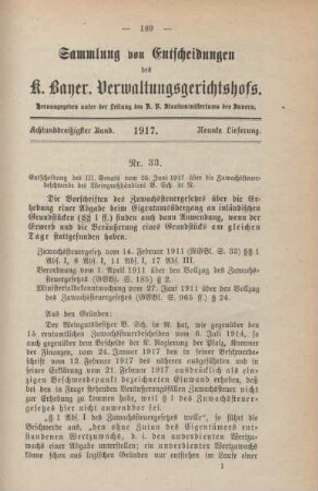 Achtunddreißigster Band. 1917. Neunte Lieferung. - Nr. 33. - Nr. 36.