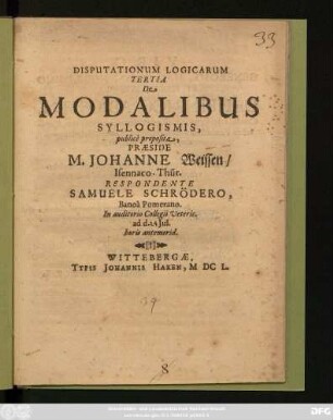Disputationum Logicarum Tertia De Modalibus Syllogismis