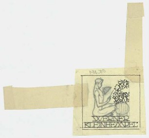 Exlibrisstudie Werner Kleinhempel : Männliche Figur im Schneidersitz vor einem geöffneten Kugelgefäß aus dem kleine Figuren fliegen, darunter Namenszug