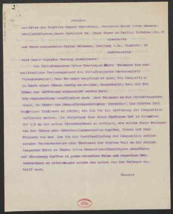 Abschrift eines Vertrags zwischen Julius Weismann und August Strindbergs Erben betreffend das Vertonungsrecht für "Schwanenweiss"