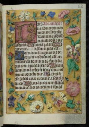 Initialzierseite (Laudes): D(eus aduitorium meum) ; Trompe l'oeil-Rahmen mit Blütenzweigen und Insekten