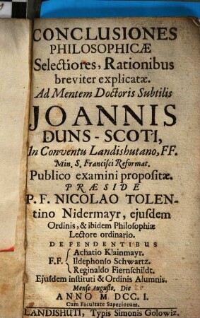 Conclusiones Philosophicae Selectiores, Rationibus breviter explicatae