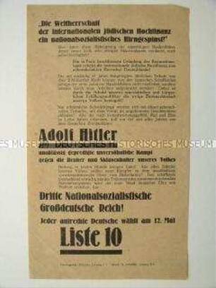 Wahlflugblatt der NSDAP zu den Sächsischen Landtagswahlen mit antisemitischer Ausrichtung