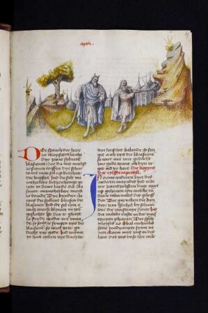 Kolorierte Federzeichnung: Moses und Aaron blasen die Trompeten