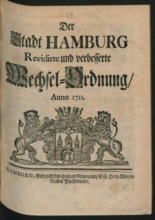 Der Stadt Hamburg Revidirte und verbesserte Wechsel-Ordnung, Anno 1711
