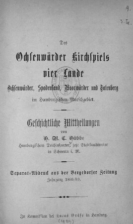 Des Ochsenwärder Kirchspiels vier Lande Ochsenwärder, Spadenland, Moorwärder und Tatenberg im Hamburgischen Marschgebiet : geschichtliche Mittheilungen