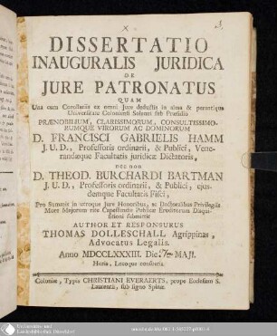 Dissertatio Inauguralis Juridica De Jure Patronatus