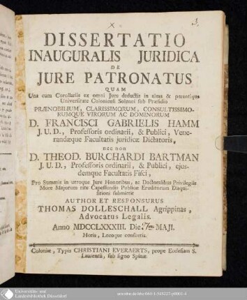 Dissertatio Inauguralis Juridica De Jure Patronatus