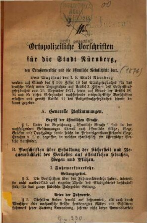 Ortspolizeiliche Vorschriften für die Stadt Nürnberg, den Strassenverkehr und die öffentliche Reinlichkeit betr.