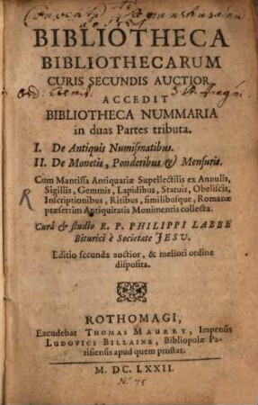 Bibliotheca bibliothecarum curis secundis auctior