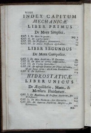 Index Capitum Mechanicae.