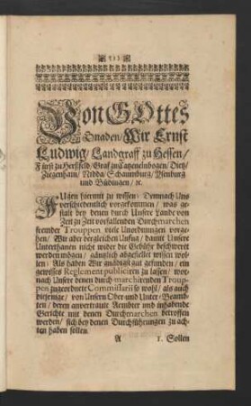 Von Gottes Gnaden/ Wir Ernst Ludwig/ Landgraff zu Hessen ...