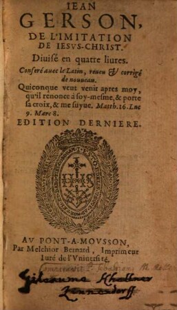 De l'imitation de Jesus Christ