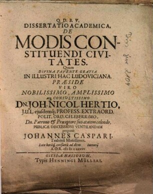 Dissertatio Academica, De Modis Constituendi Civitates