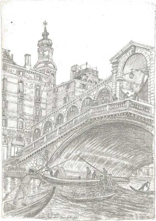 Wach, Hugo; Venedig (Italien); "Venezia ein architektonisches Portrait in Lithographien von H.C.C. Wach. Zweiter Teil: Blatt 37-69", Vorzeichnungen für geplante Publikation - Rialtobrücke, ital. Ponte di Rialto (Perspektive)