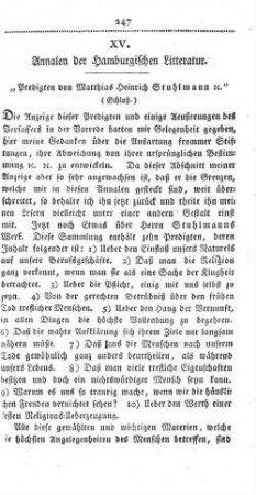 XV. Annalen der Hamburgischen Litteratur.