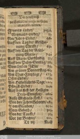 Verzeichniß der Capitel/ in welche die Lieder abgetheilet werden.