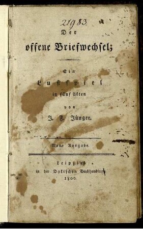 Der offene Briefwechsel : Ein Lustspiel in fünf Akten