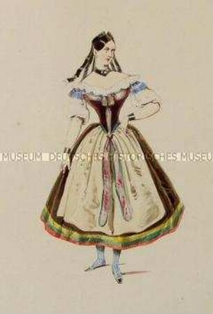Frau in braunem Kleid und heller Schürze, mit Bändern im Haar - Tafel aus Franceschini/Kostümbilder (Kassette 1)
