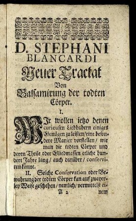 Neuer Tractat Von Balsamirung der todten Cörper.