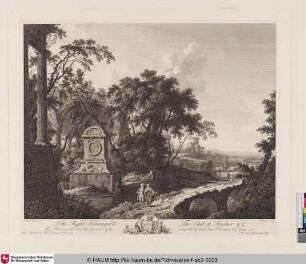 [Landschaft mit einem Denkmal, zwei Brücken und zwei Figuren im Vordergrund]