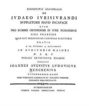 De Judaeo iurisiurandi suppletorii haud incapace / Joannes Augustus Ludovicus Menckenius