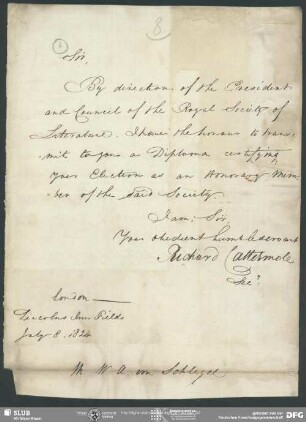 Eigenh. Brief von Richard Cattermole an August Wilhelm von Schlegel, London, 08.07.1824