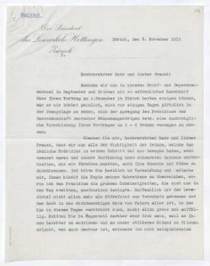 Brief von Hans von Schulthess-Bodmer von Lesezirkel  an Gerhart Hauptmann