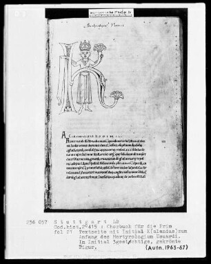 Chorbuch für die Prim — Initiale K (alendas) mit einer dreigesichtigen gekrönten Figur, Folio 21recto