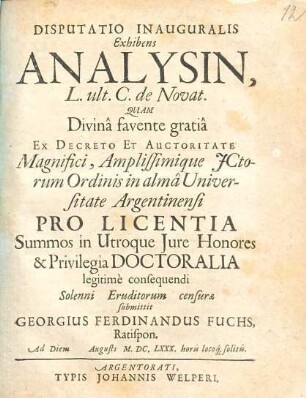 Disputatio Inauguralis Exhibens Analysin, L. ult. C. de Novat.