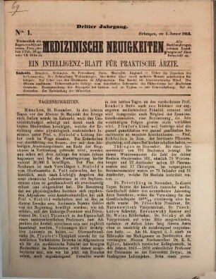 Medizinische Neuigkeiten für praktische Ärzte : Centralbl. für d. Fortschritte d. gesamten medizin. Wissenschaften. 3. 1853