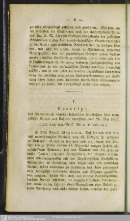 V. Rescript, das Patronatrecht römisch-katholischer Gutsbesitzer über evangelische Kirchen und Schulen betreffend, vom 26. Mai 1807