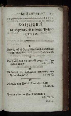 Verzeichniß der Schriften, so in diesem Theile enthalten sind.