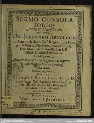 Sermo consolatorius ad nob ... virum Johannem Arnoldum ab Arnsdorf