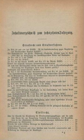 Inhaltsverzeichniß zum sechzehnten Jahrgang