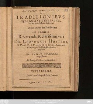 Disputatio Theologica IX. De Traditionibus, Quas Romanenses Appellant verbum Dei non scriptum