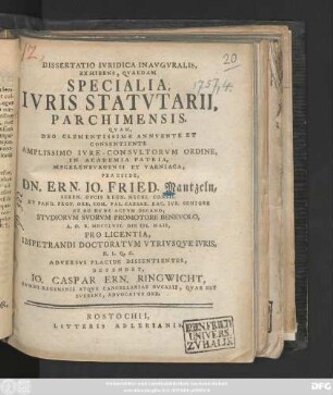 Dissertatio Ivridica Inavgvralis, Exhibens, Qvaedam Specialia, Ivris Statvtarii, Parchimensis