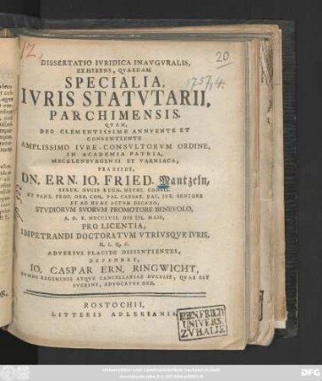 Dissertatio Ivridica Inavgvralis, Exhibens, Qvaedam Specialia, Ivris Statvtarii, Parchimensis