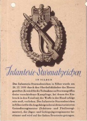 Infanterie-Sturmabzeichen in Silber - Sonderabzeichen für die Teilnahme an Sturmangriffen an drei verschiedenen Kampftagen