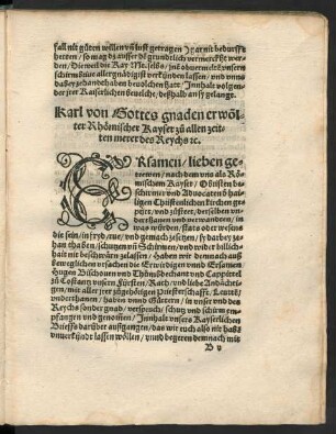 Karl von Gottes gnaden erwölter Rhömischer Kayser zu allen zeiten merer des Reychs etc.