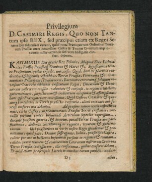 Privilegium D. Casimiri Regis, Quo Non Tantum ipse Rex, sed praecipui etiam Regni Senatoribus solenniter cavent ...