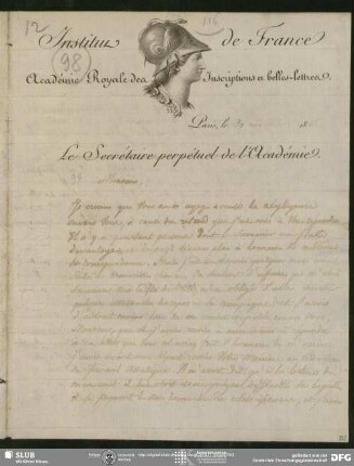 Eigenh. Brief auf Vordruck von Abel Rémusat an August Wilhelm von Schlegel, Paris, 30.11.1828