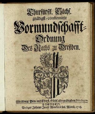 Churfürstl. Sächs. gnädigst-confirmirte Vormundschafft-Ordnung des Raths zu Dreßden