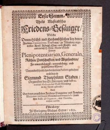 [Bd. 1.]: Erste Stimm Theils Musicalischer Friedens-Gesänger