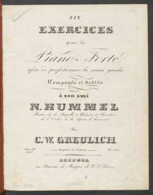 Liv. 1: Six Exercices pour le Piano-Forte afin de perfectionner la main gauche Oeuv. 19