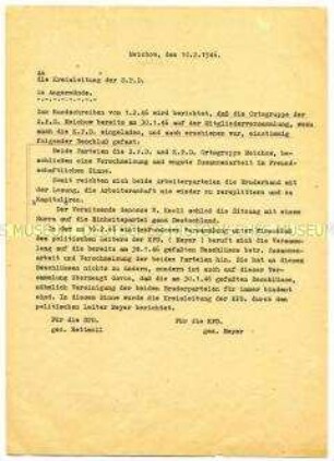 Schreiben an die SPD-Kreisleitung über eine gemeinsame Mitgliederversammlung von KPD und SPD im Kreis Angermünde