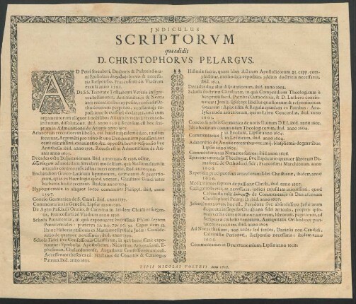 Indiculus Scriptorum quae edidit D. Christophorus Pelargus