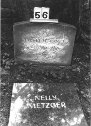 Grabstein 56 (Index: 99805118) Material: Stele Sandstein, Platte Granit Zustand: Stele verwittert, Platte gut Maße HxBxT: 41x52x9 cm Beschreibung: Stele, Segmentbogenabschluß, davor liegend rechteckige Platte Symbolik: Sternchen Besonderheit: Kindergrab: Grabstein 56