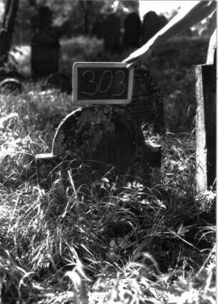 Grabstein 303 (Index: 100103134) Material: Sandstein Zustand: stark verwittert, eingesunken Maße HxBxT: 72x56x7 cm Beschreibung: Stele, eingezogener Rundbogenabschluss, Schriftfeld eingetieft: Grabstein 303